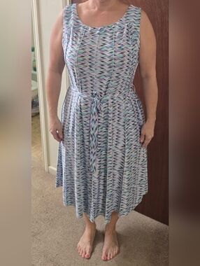 Perseption Sleeveless Midi Dress in Aqua, Lavender & Light Gray Pattern